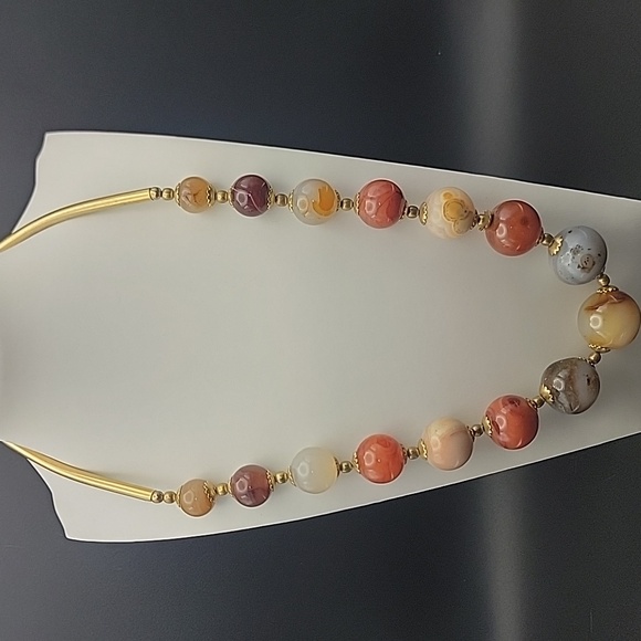 Elegant Gold Tone Chunky 24mm Agate Gemstone Beads Beaded Chunky 21" Necklace - Picture 10 of 11